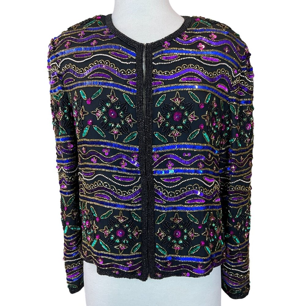 Papell Boutique Evening Multicolored Embellished Beaded Sequined Silk Jacket 14P